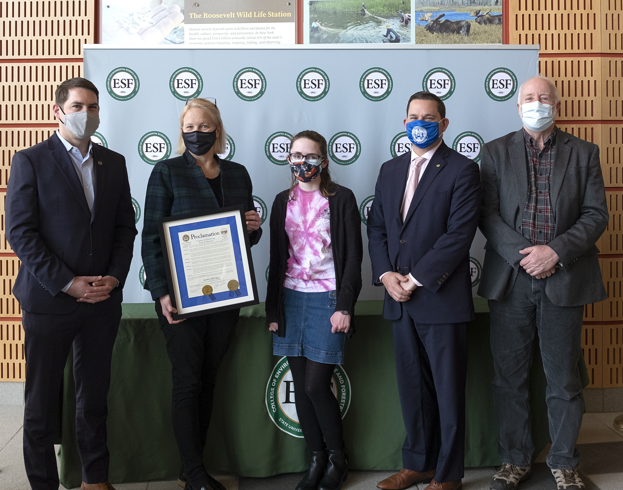 Pictured from left, City of Syracuse Mayor Ben Walsh, ESF President Joanie Mahoney, Alexa Labossiere, ESF Earth Week student coordinator; County Executive Ryan McMahon, and Paul Otteson, ESF retiree who was instrumental in bringing the proclamation to fruition